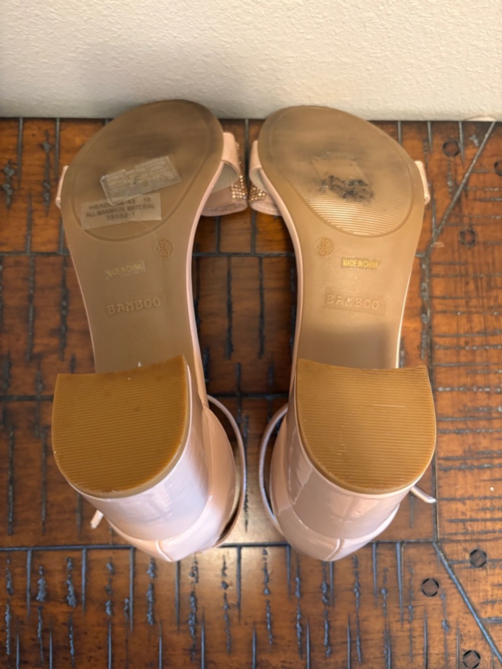 BAMBOO Nude/Tan Jeweled Bow Ankle-Strap Block Heels - Picture 6 of 7